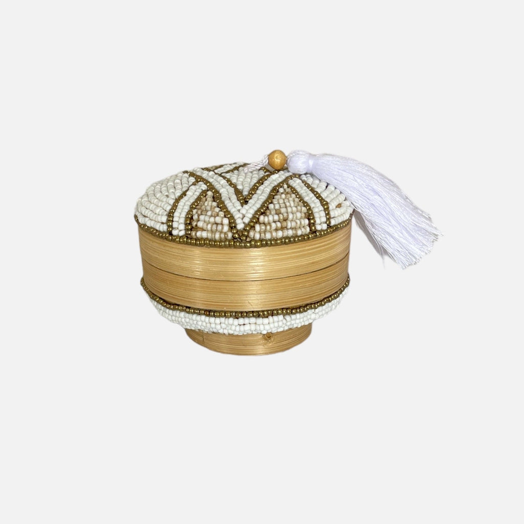 Melasti Round Bead Box with pompom - White and Gold